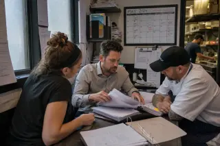 Restaurant staff and manager intently reviewing paperwork together in a cluttered back office, with soft natural light and active kitchen in the background.