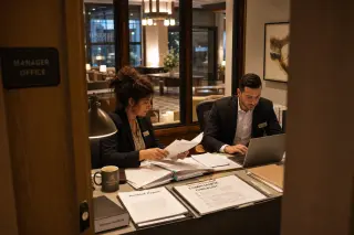 Two hotel managers in a cluttered office reviewing documents under warm lighting, focused in discussion, visible lobby through window.