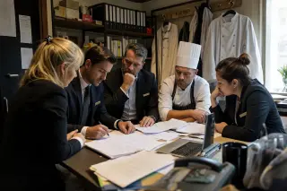 Hotel managers and a chef in a restaurant office reviewing documents together, bathed in soft natural light, focused on a serious discussion.