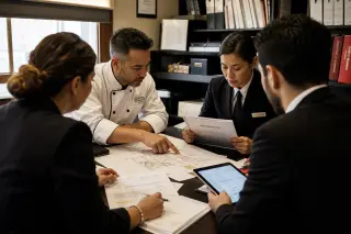 Small group of hotel and restaurant managers reviewing safety documents in a busy back office, focused on discussing fire and water damage protocols
