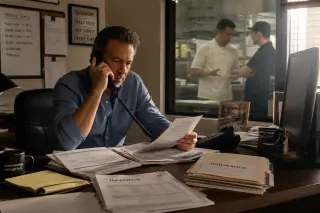 Restaurant manager at a desk reviewing documents on a call, chef and colleague reflected behind in glass, warm morning light, authentic operational mood.